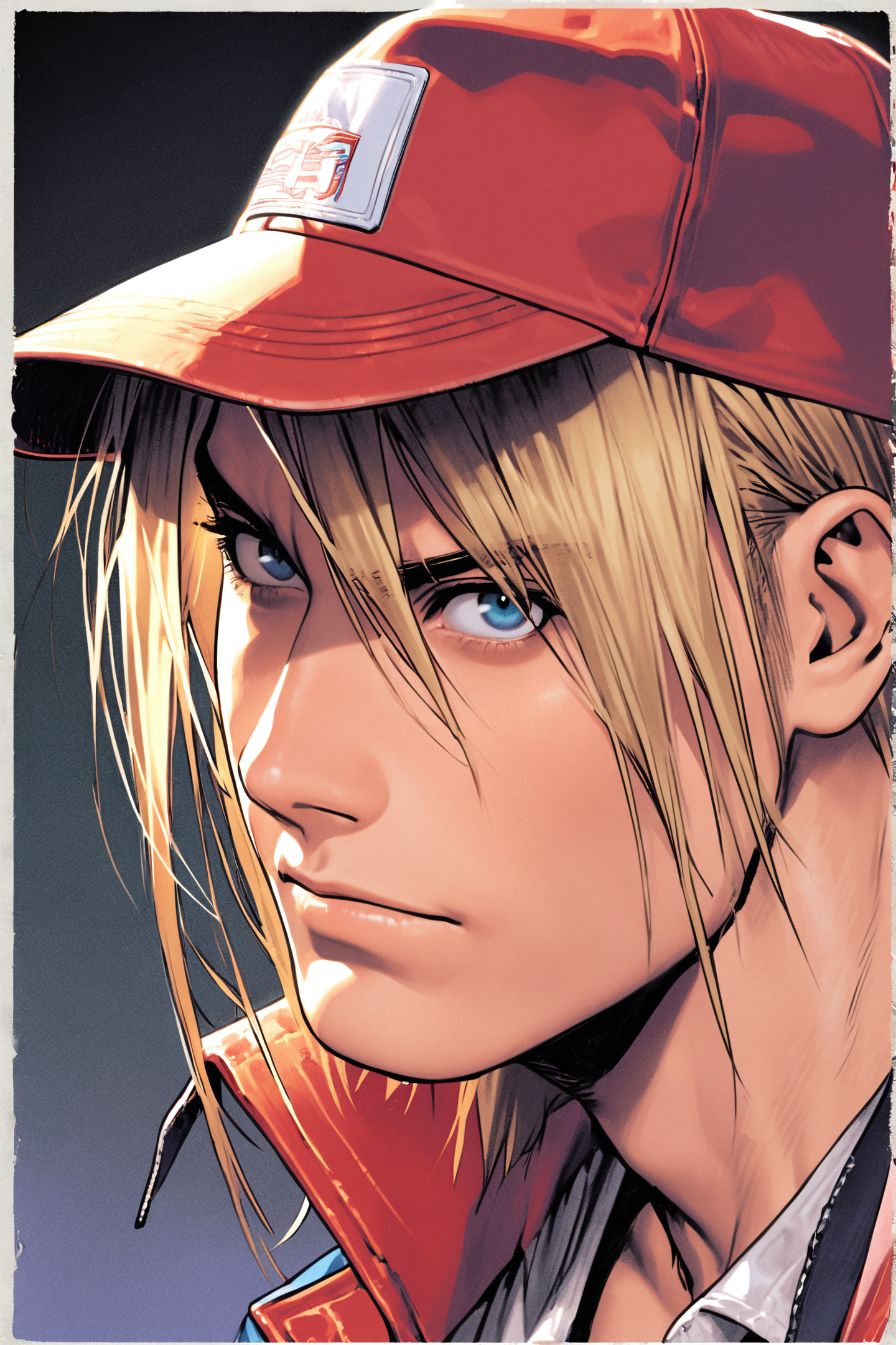 Terry Bogard,1boy,male focus,solo,hat,baseball cap,blonde hair,blue eyes,manly,portrait,looking at viewer,
<lora:shinkiro_XL_v2:0.8>,