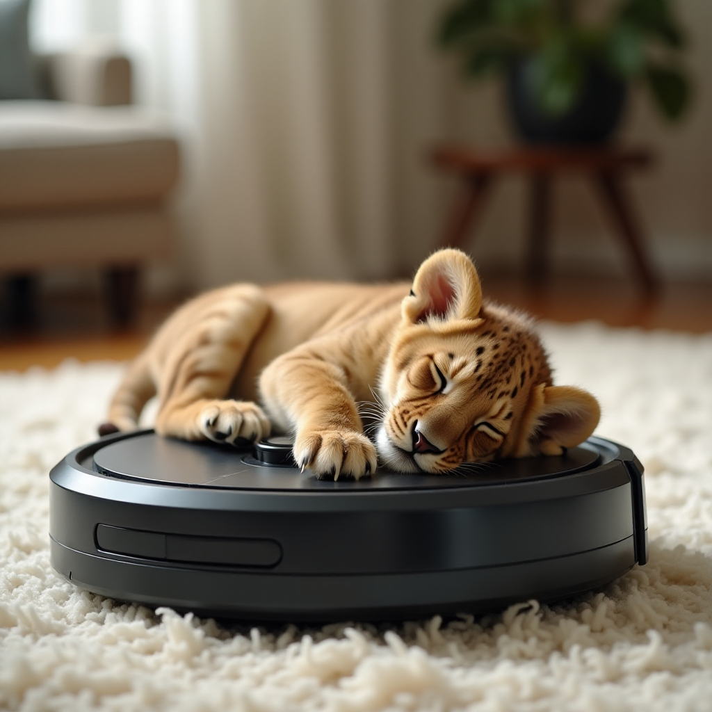 A small lion cub sleeps on a robotic vacuum cleaner on a big carpet in the living room.