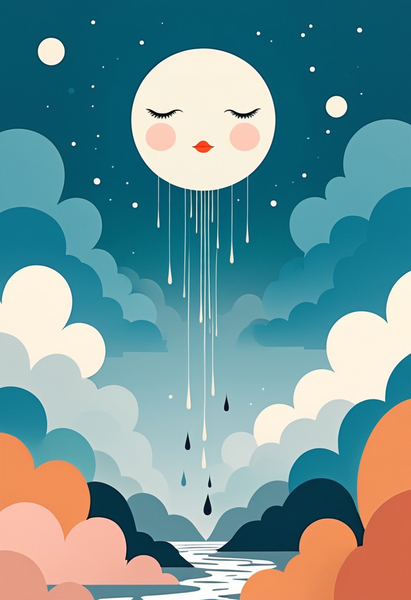 SimpleIllustration The sky is crying., Japanese avant-garde, surreal elements, muted colors, abstract forms, playful compositions, whimsical characters, intricate patterns, symbolic imagery, dreamlike atmosphere, cultural motifs, expressive lines, minimalistic backgrounds, layered textures, experimental shapes, introspective themes