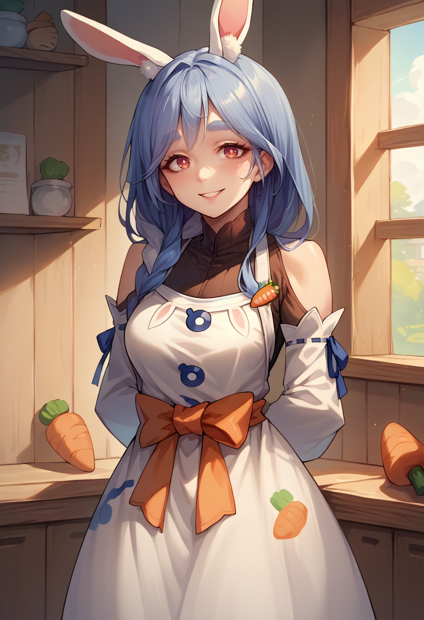 score_9, score_8_up, score_7_up, source_anime, 1girl, solo, pekomamadef, thick eyebrows, bunny-shaped pupils, rabbit ears, animal ear fluff, apron, dress, detached sleeves, bow, carrot hair ornament, mature female, indoors, arms behind back, smile, <lora:sppekomamadefXLPony:1>