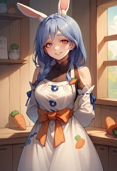 score_9, score_8_up, score_7_up, source_anime, 1girl, solo, pekomamadef, thick eyebrows, bunny-shaped pupils, rabbit ears, animal ear fluff, apron, dress, detached sleeves, bow, carrot hair ornament, mature female, indoors, arms behind back, smile, <lora:sppekomamadefXLPony:1>