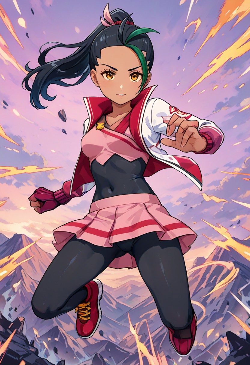 hinosaki, leveen, 2d, masterpiece, best quality, amazing quality, 1girl, solo, full body, jumping, dynamic pose, sky, sygnemona, synem, dark-skinned female, brown eyes, hair ornament, long hair, streaked hair, multicolored hair, black hair, green hair, open jacket, shorts under skirt, pink skirt, pleated skirt, long sleevees, single glove, red gloves, red footwear, boots, looking at viewer