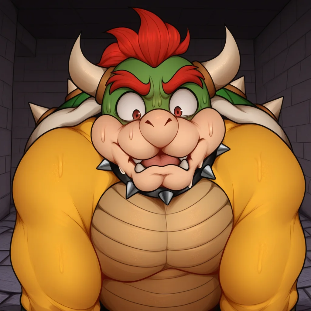 masterpiece, best quality, amazing quality, Detnox,1boy,solo,bowser,looking down,scared, nervous sweating,dungeon ,indoors,,stone floor, big room,upper body,,awkward,from below <lora:Detnox-000004:1.0>
