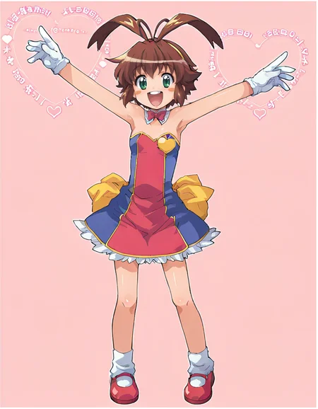 score_9, score_8_up, score_7_up, (source_anime:1.4), BREAK, colorful, 1girl, solo, full body, standing, happy, <lora:Uma__Magipoka:1>, uma, green eyes, blush stickers, heart pin, hairband, long antenna hair, brown hair,