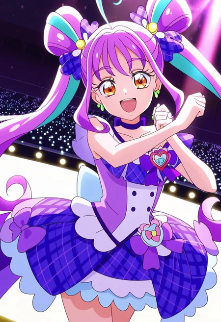 general,highres, ultra-detailed,very aesthetic,best quality ,best hands,best eyes,easynegative,
dynamic anglre, dutch angle, anime cloring,anime screencap,
1girl solo,looking at viewer,concert hall,on stage,light,dancing,smile,open mouth,
Cure Kyunkyun,purple hair,twintails,multiclored hair,amber eyes,small breasts,short body,ahoge,hair ornaments,hair ribbon,butterfly ribbon,purple ribbon,earrings,jeweries,idol costume,