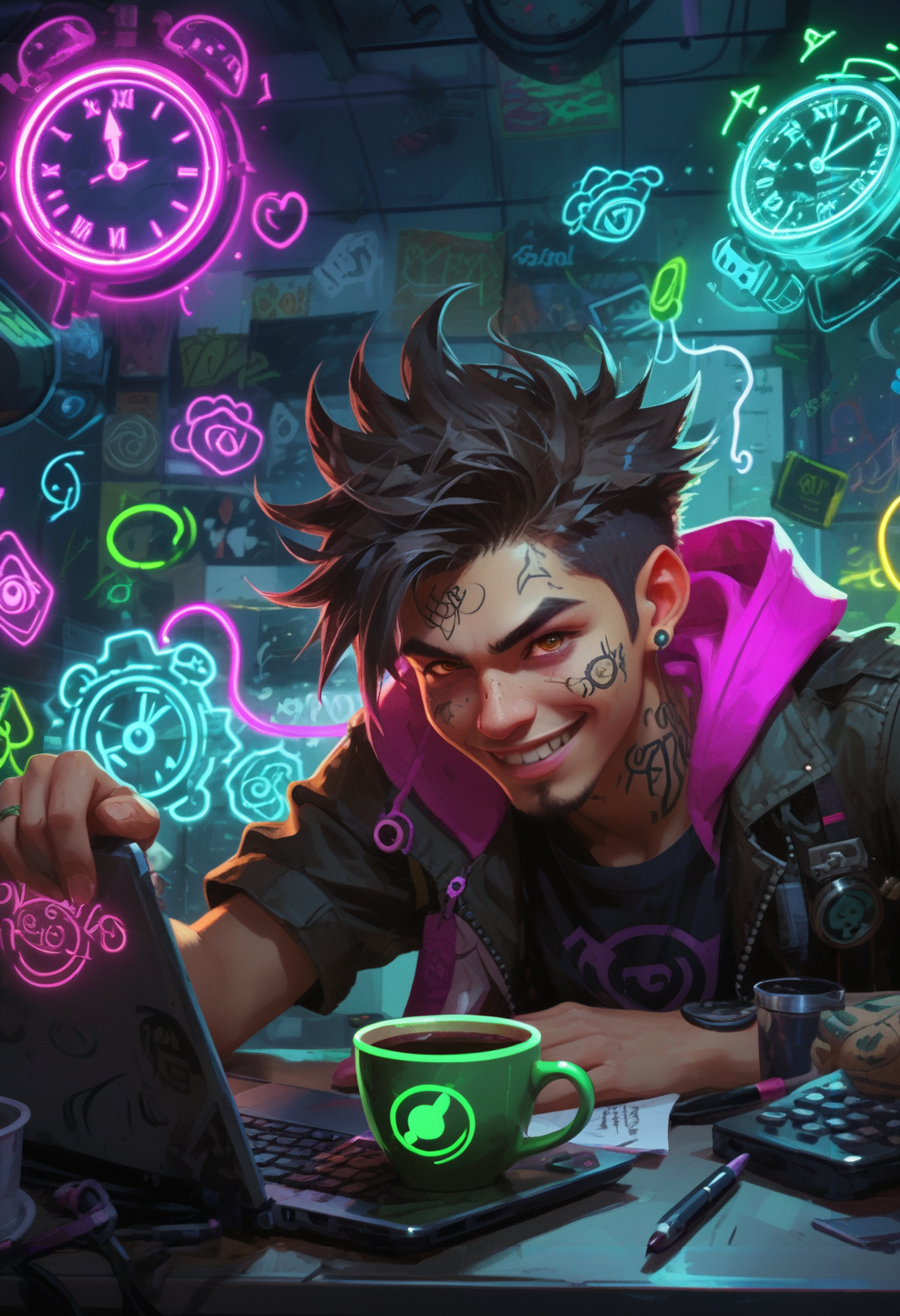 from front, from side,  (from above, looking down,) ally stressed (Thai, almond-shaped eyes, olive-colored skin, Asian smile,)  man  exaustion, (drowning in coffee:1.13), (Style: (League of legends, (Arcane:1.16), (Jinx:0.3)'s chaotic crazy (toonish:1.01) doodles, (macabre:1.14) neon toon doodles), (bright neon colors:1.22), (hot pink:0.98), (electric blue:0.86), (lime green:0.89), (extreme highlighted neon colors:1.16), (Jinx-style: (insane:1.18) (crazy:0.91) (chaotic:1.12) (colorful:1.24), (anarchy:1.18) (chaos:1.03)), (insane doodle graffiti:1.16), overdrawn glowing neon-graffiti doodles overlay, League of legends arcane-style, )
(Deadline looms) A panicked worker, eyes wide, staring at a clock with seconds ticking by. Background: A messy desk, laptop open with a looming project deadline (masterpiece:1.08), (high image quality:1.08), (RAW:0.93),subsurface tering (high resolution photograph:1.28),high definition,  <lora:sdxl\Hyper_Realism_Pony_XL.safetensors:0.85:0.18>  p15,s9
