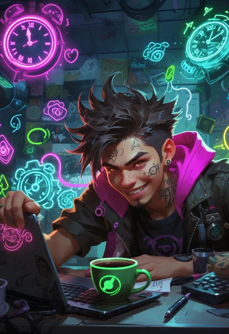 from front, from side, (from above, looking down,) ally stressed (Thai, almond-shaped eyes, olive-colored skin, Asian smile,) man exaustion, (drowning in coffee:1.13), (Style: (League of legends, (Arcane:1.16), (Jinx:0.3)'s chaotic crazy (toonish:1.01) doodles, (macabre:1.14) neon toon doodles), (bright neon colors:1.22), (hot pink:0.98), (electric blue:0.86), (lime green:0.89), (extreme highlighted neon colors:1.16), (Jinx-style: (insane:1.18) (crazy:0.91) (chaotic:1.12) (colorful:1.24), (anarchy:1.18) (chaos:1.03)), (insane doodle graffiti:1.16), overdrawn glowing neon-graffiti doodles overlay, League of legends arcane-style, )
(Deadline looms) A panicked worker, eyes wide, staring at a clock with seconds ticking by. Background: A messy desk, laptop open with a looming project deadline (masterpiece:1.08), (high image quality:1.08), (RAW:0.93),subsurface tering (high resolution photograph:1.28),high definition, <lora:sdxl\Hyper_Realism_Pony_XL.safetensors:0.85:0.18> p15,s9