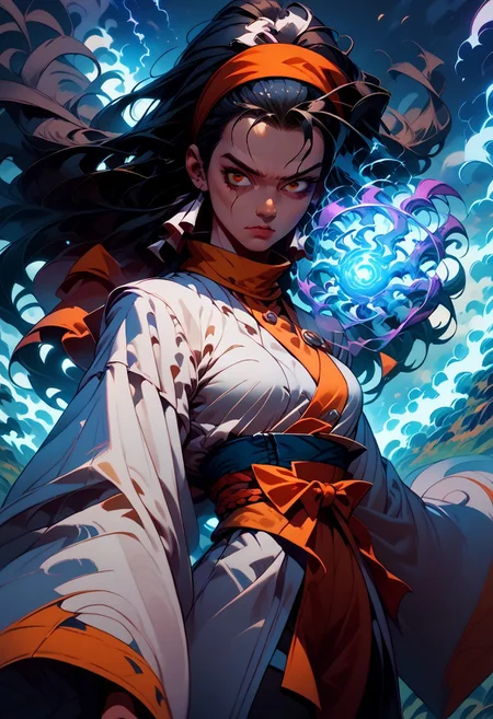 score_9, score_8_up, score_7_up, score_6_up, score_5_up, 1girl, magic, arkane_dark, kamehameha, thunder, energy wave, aura
very detailed face,
standing, cowboy shot,
ChizuruDG,
long hair, black hair, hair slicked back, brown eyes,
hairband, wide sleeves, sash,