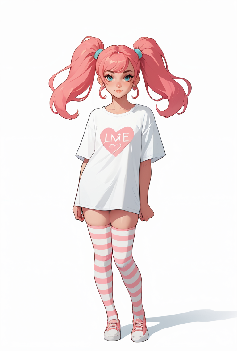 impressionist painting core_9, score_8_up, score_7_up,  1girl, pink hair, twintails, striped thighhighs, skindentation, . loose brushwork, vibrant color, light and shadow play, captures feeling over form