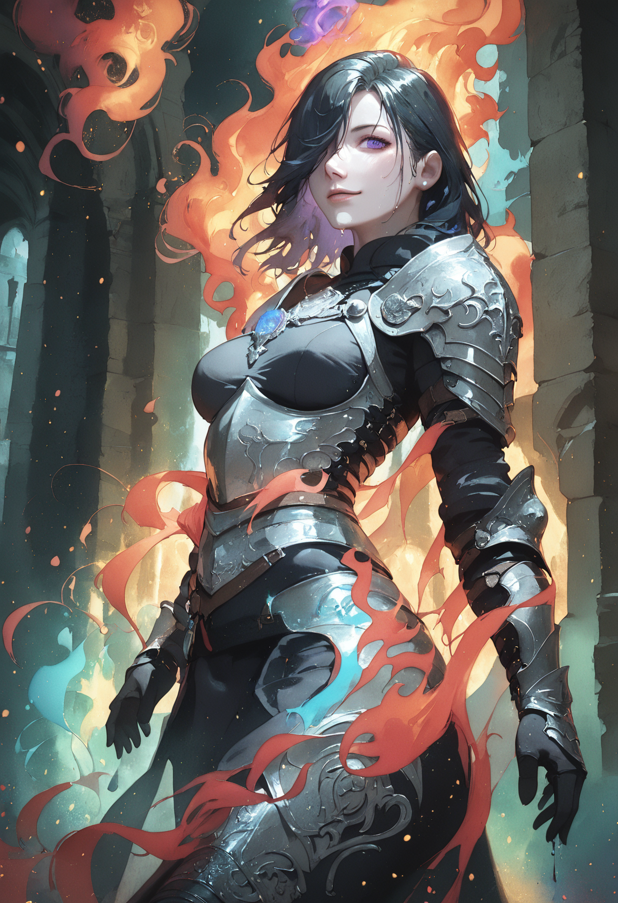 score_9, score_8_up, score_7_up, closeup, from above,
<lora:PonySoulKnight:0.8>, Soul Knight, fantasy knight, fantasy temple in background, magic particles,Purple flames cooming from the body, neon cloth,
black haired girl, tight robe, pale skin, purple eyes, hair over one eye, medium hair, medium breasts, dripping wet, dramatic light,
cute thighhighs, temple background, naughty smile, looking at the viewer, arched back, magic around body,
<lora:NoctAbstractConcept:0.8> abstract, particles, colorful, <lora:Expressive_H:0.3>, <lora:LLDN:0.6>, LLDN, watercolor,