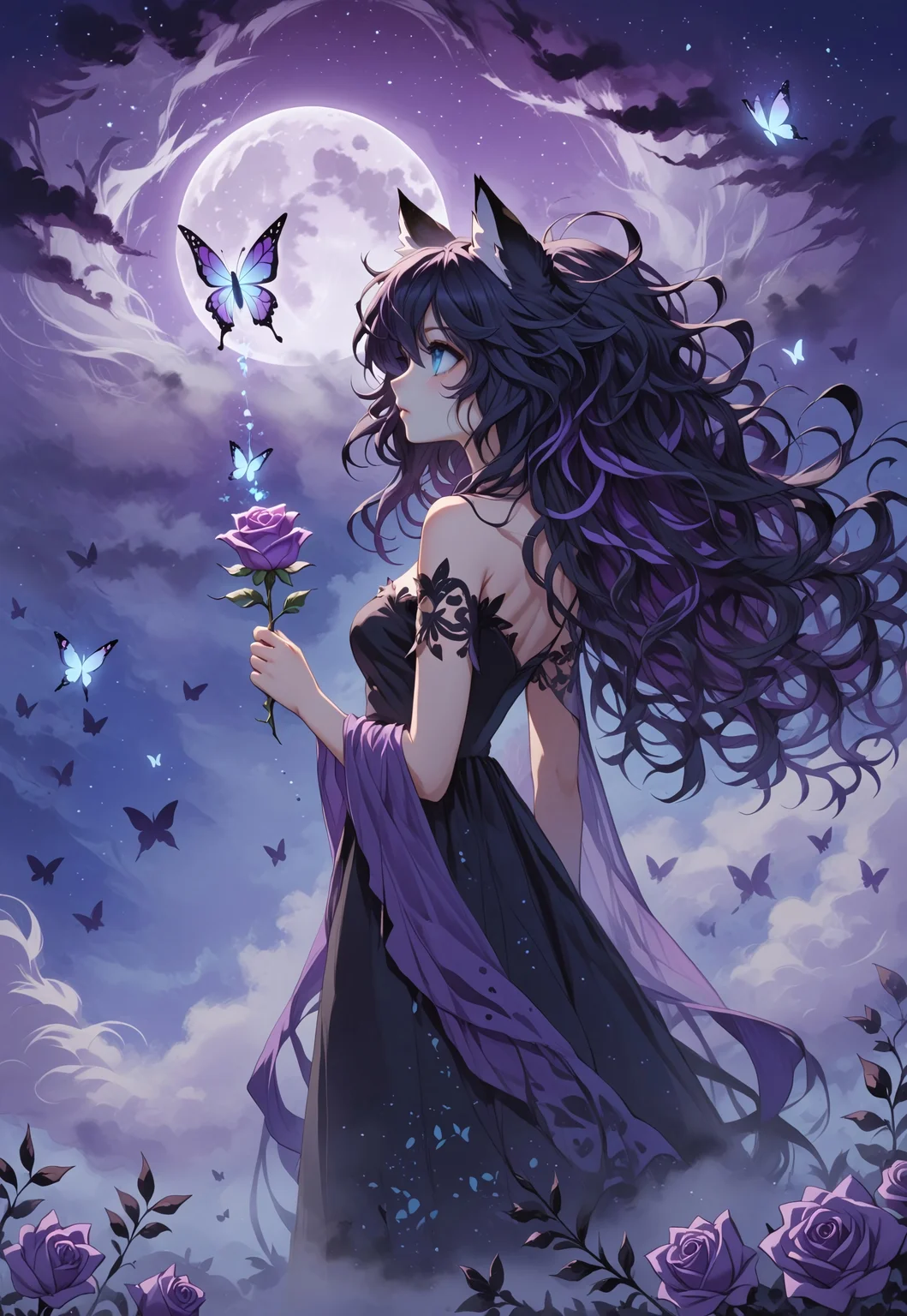 abstractzyrnox, abstract, abstract art, butterfly, blue, purple, white, fog, cinematic, purple sky, cloud, moon, ((1girl, foxgirl, fox girl), holding rose, messy hair, black hair, blue eyes, black hair, messy hair)