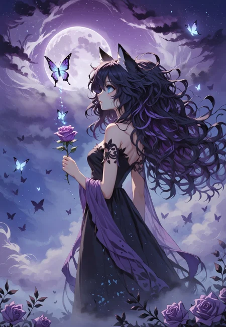 abstractzyrnox, abstract, abstract art, butterfly, blue, purple, white, fog, cinematic, purple sky, cloud, moon, ((1girl, foxgirl, fox girl), holding rose, messy hair, black hair, blue eyes, black hair, messy hair)