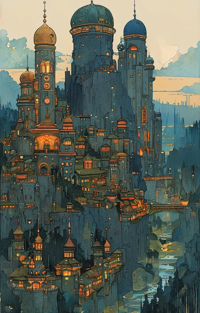 masterpiece,best quality,<lora:tbh166-sdxl:0.9>,illustration,style of Ivan Bilibin, cyberpunk city