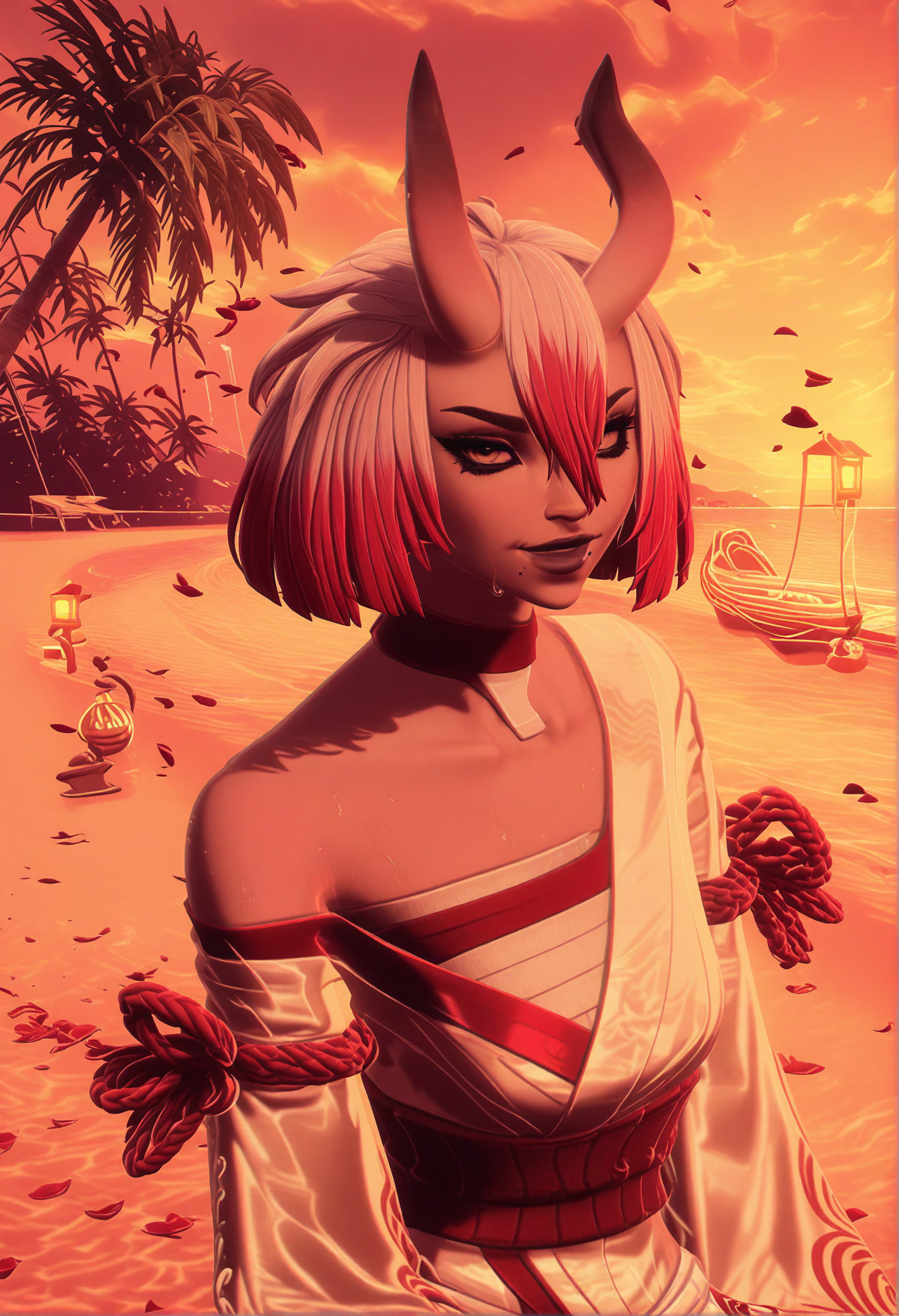 GLSHS,delicate colors,partially illuminated, (masterpiece, absurdres, very awa:1.4), golden hour, orange theme, sunset, beach, rocks, beach ball, sand, palm tree, smug, looking at viewer, female focus, (portrait:1.3), fortniterestorednightrose, 1girl, short hair, long hair, bob cut, pink hair, red hair, white hair, multicolored hair, two-tone hair, hair between eyes, yellow eyes, red eyes, white eyes, black sclera, colored sclera, black eyes, makeup, smile, closed mouth, mole, two moles, mole under mouth, moles under mouth, two moles under mouth, horns, oni horns, armor, japanese armor, bare shoulders, off shoulder, wide sleeves, long sleeves, kimono, sarashi, sash, obi, gloves, red gloves, rope, shimenawa, white pants, colored skin, white skin, red skin, white boots,  water, wet skin, towel draped around body, cleavage, steam, gentle ripples in water, warm lantern glow, flower petals floating on water, <lora:GLSHS-IL:1.3>,  <lora:Fortnite_The_Night_Rose_All_Outfits_ILXL:1.1>, <lora:dmd2_sdxl_4step_lora:1>