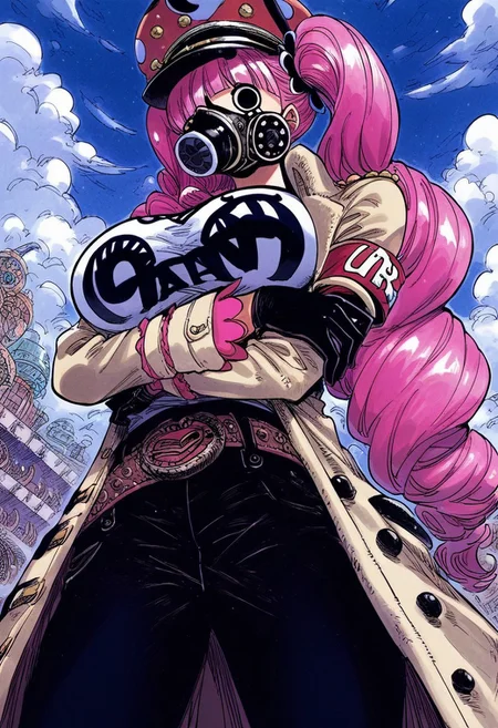 masterpiece, score_9, score_8_up, score_7_up, score_6_up, source_manga, colored, 
1girl, human, sexy face, huge breasts, 
p3r0na, Perona, black eyes,
gas mask, mask, uniform, trench coat, gloves, black gloves, belt, helmet, hat, peaked cap, armband, military, military uniform, pants, black footwear, cable, tube,
solo, standing, arms under breasts, looking at viewer, cowboy shot, from below, ARTSTYLE_OnePiece_MangaColored_ownwaifu,