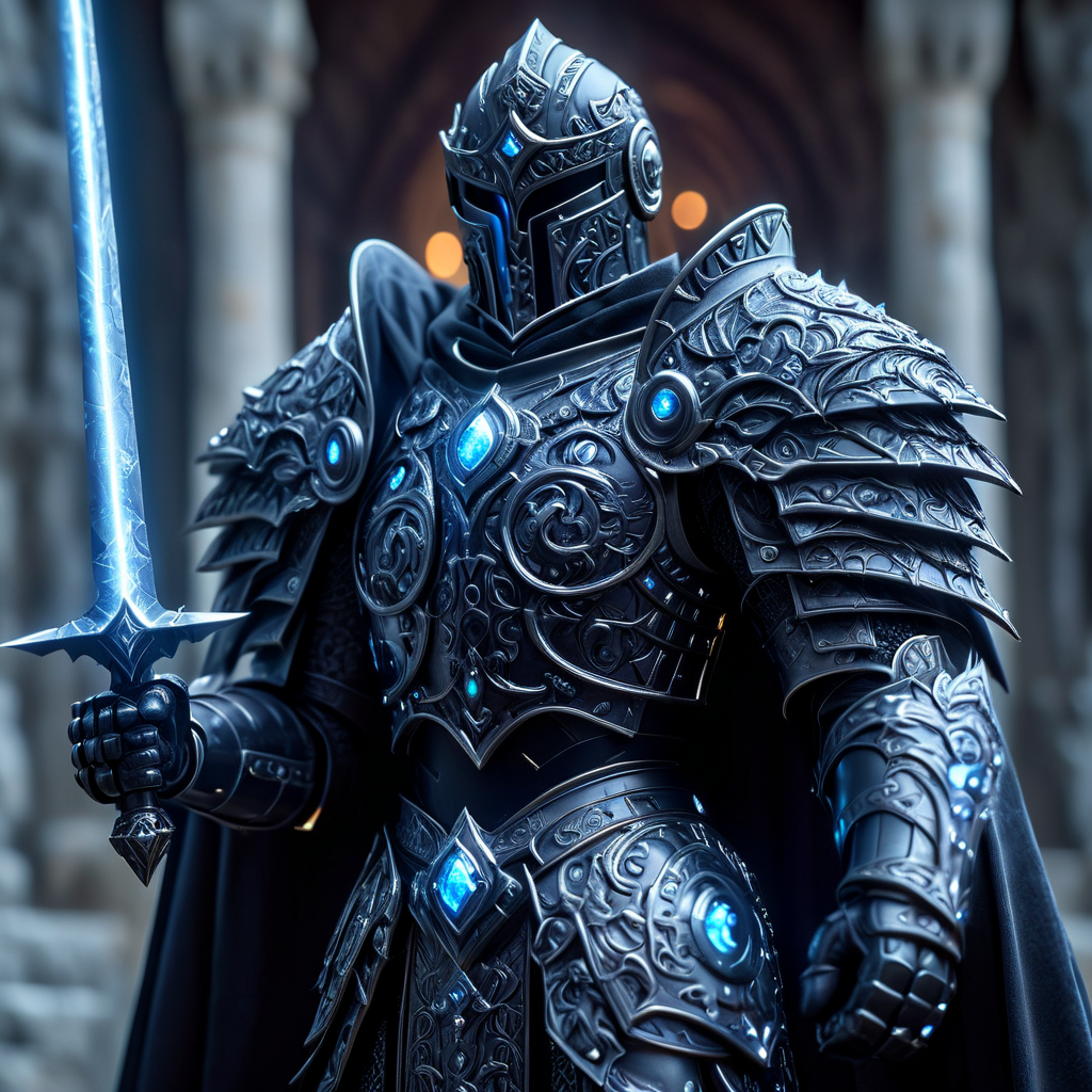 Close up shot of a beautiful knight, wearing ObsidianMoon armor and cape, holding glowing sword infront of him, standing up, castle in background, HKStyle, HD, masterpiece, best quality, hyper detailed, ultra detailed, super realistic