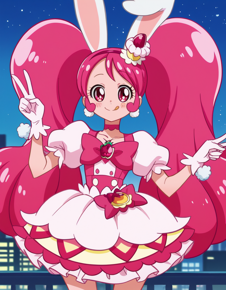 score_9, score_8_up, score_7_up, source_anime,
<lora:ichika-usami-anime-ponyxl-lora-nochekaiser:1>, ichika usami, hair ornament, twintails,
gloves, dress, bow, animal ears, jewelry, pink hair, earrings, choker, puffy sleeves, white gloves, rabbit ears, magical girl, pink bow, pom pom \(clothes\), food-themed hair ornament, pink choker,
cityscape, smile, blush, v, v over eye, tongue out,
looking at viewer, cowboy shot, dutch angle, solo,