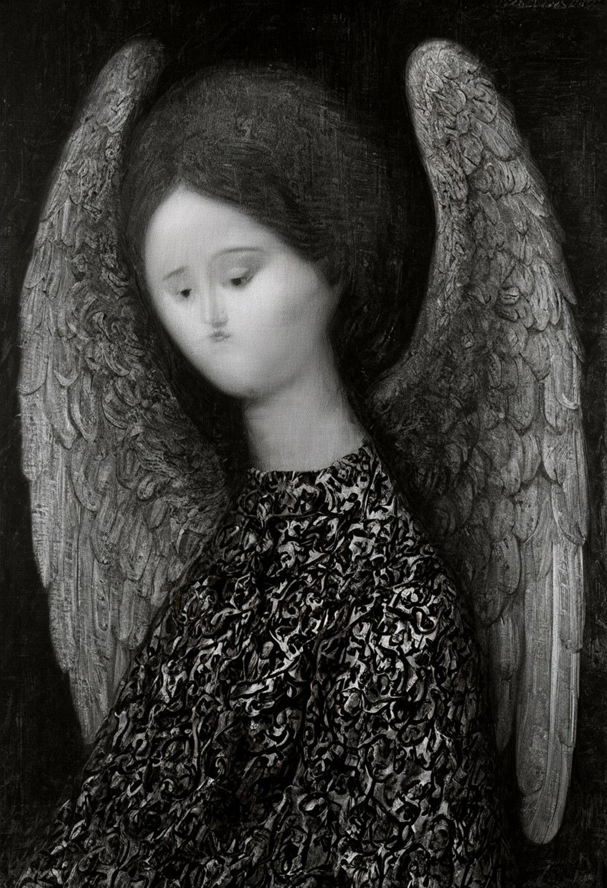 looking at viewer, 1girl, fallen angel, lost paradise, grief, somber, monochrome, by Antonio Bueno, art modern