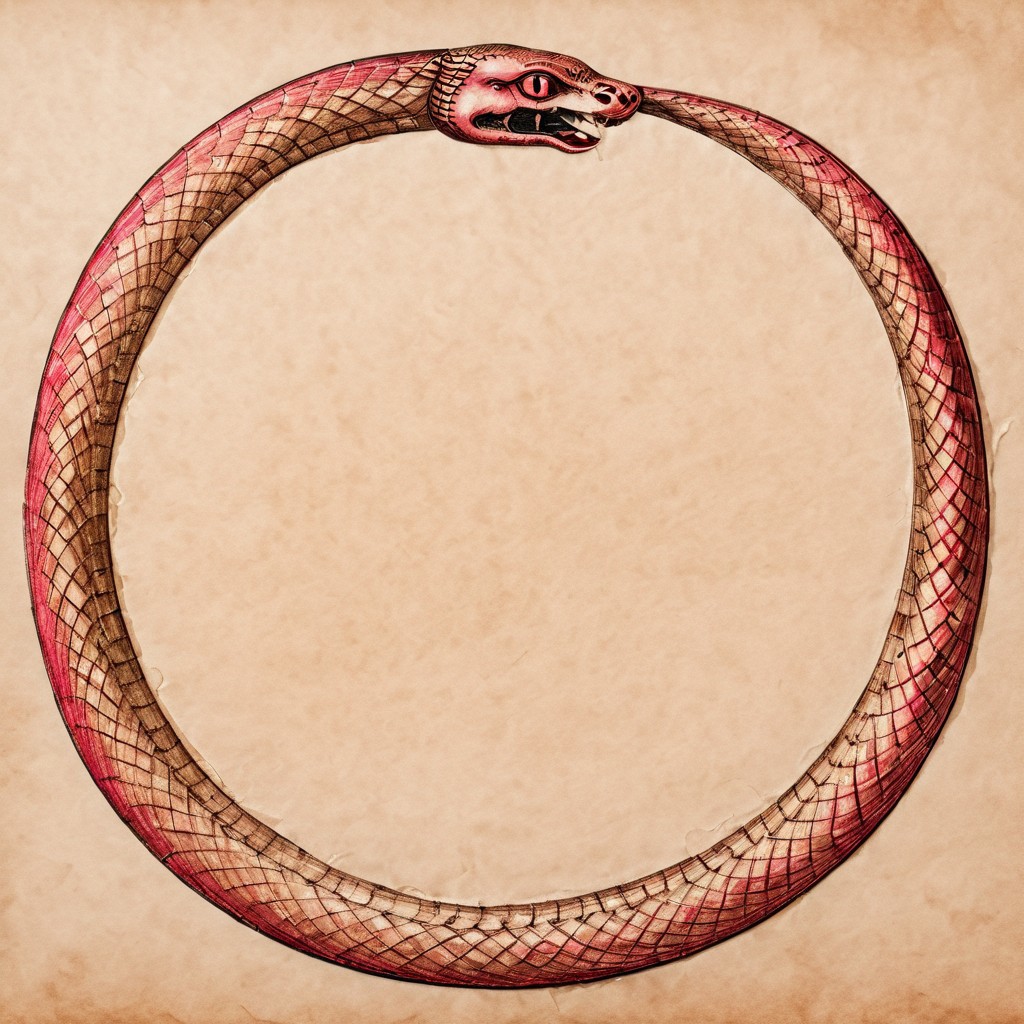 Ouroboros, ruby colored eyes, snake eating its own tail, snake with its tail in its mouth, snake, solo snake, drawn on ancient parchment paper, background is parchment paper. ancientegypt, detailed background.