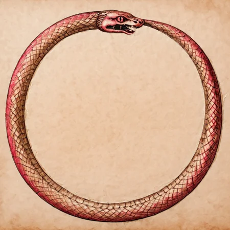 Ouroboros, ruby colored eyes, snake eating its own tail, snake with its tail in its mouth, snake, solo snake, drawn on ancient parchment paper, background is parchment paper. ancientegypt, detailed background.