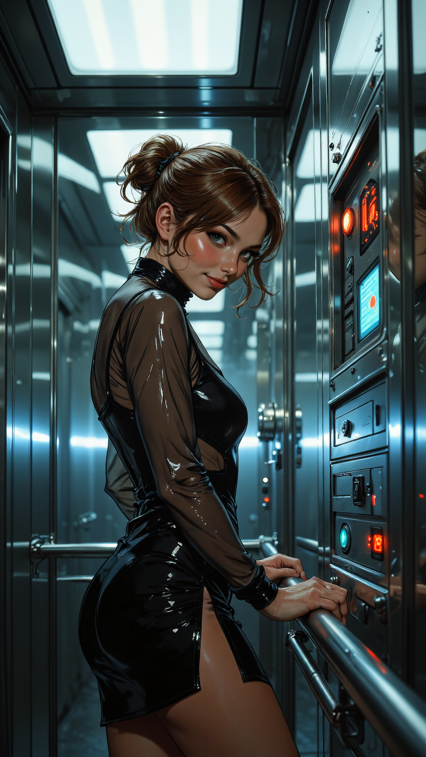 High-resolution anime-style illustration with bold painterly textures, blending soft washes with crisp, dynamic details. A cute young woman with shoulder-length chestnut-brown hair tied into a high ponytail stands in a sleek, futuristic elevator lined with chrome and mirrors, the reflections creating a striking, almost infinite depth. She wears a stylish, form-fitting minidress with sheer, translucent panels that subtly reveal glimpses of her silhouette, the fabric shimmering under the cool overhead lights. Her bright eyes scan her reflection with a confident, almost playful smirk, one hand resting on the brushed-metal railing while the other lightly adjusts the hem of her dress. The metallic walls distort and multiply her image, neon accents from the control panel casting soft glows against the polished steel, amplifying the sleek, modern atmosphere of the confined yet elegant setting <lora:Niji_anime_style_flux:0.8> <lora:Anime_Art_V3:0.7000000000000001> <lora:ILLUSTRATION_(FLUX)_-_V3.1:0.5>