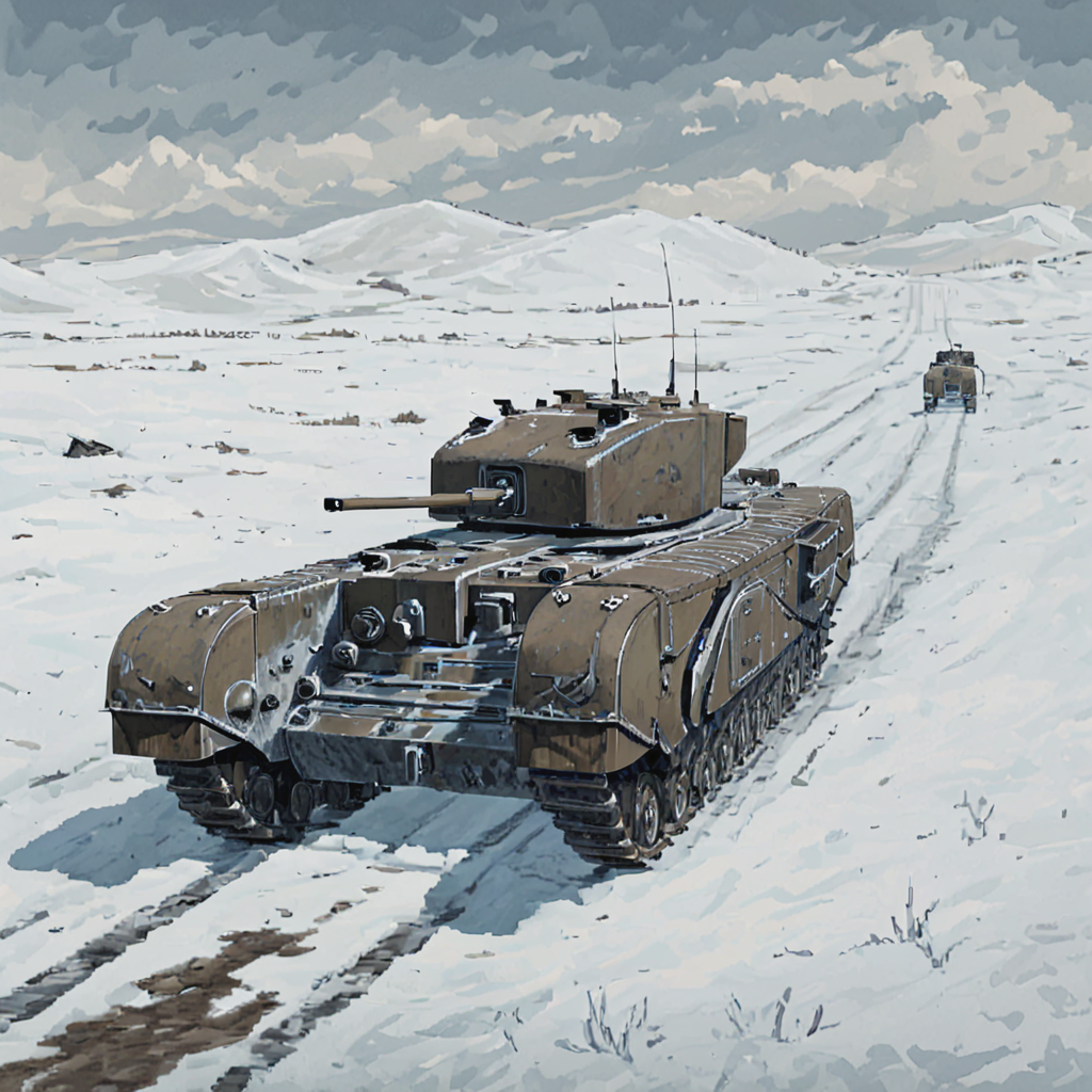 chrchltnk driving across an icy battlefield on the eastern front, ((pulp_comic, heavy_lines, hand_drawn, hand_inked, hand_colored, apxlz))
