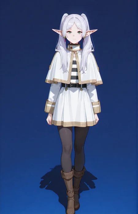 perfect quality,high quality,masterpiece,best quality,amazing quality,very aesthetic,absurdres,Cinematic Lighting,newest,Tactical use of shadow,front view,full_shot,smile,looking at viewer,
FrierenCyql,1girl,elf,solo,long hair,twintails,white hair,green eyes,pointy ears,earrings,jewelry,capelet,white capelet,striped clothes,belt,black belt,skirt,pantyhose,black pantyhose,boots,brown footwear,
full body,standing,blue background,simple background,
<lora:ponyv4_noob1_2_adamW:0.7>,<lora:spo_sdxl_10ep_4k-data_lora_webui:0.6>,<lora:USNR STYLE_XL_loha:0.45>,<lora:illustrious_all_rated_v1:0.7>,<lora:Frieren_Illustrious by Cyql:1>,