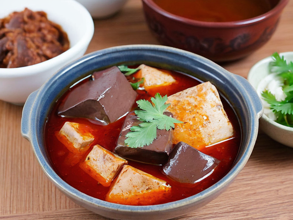 A high-resolution, hyper-realistic image of a bowl of maradofu, a unique delicacy in Taiwanese cuisine. The dish features cubes of duck blood and tofu, cooked in a savory broth and garnished with fresh herbs. The duck blood has a rich, dark color and a smooth, jelly-like texture, while the tofu is soft and creamy. The dish is served in a traditional ceramic bowl, placed on a rustic wooden table. The scene is set in a cozy Taiwanese kitchen, with all elements in sharp focus, creating a clear and detailed image. The lighting should be warm and inviting, highlighting the appetizing qualities of the maradofu and the homely atmosphere of the setting, <lora:maratofu:0.7>