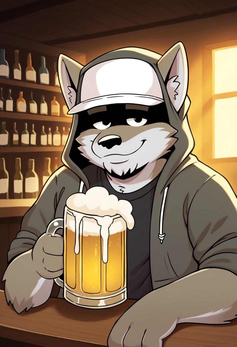1boy, solo, backlight, detail background, anthro coyote, furry male, masculine, gray body/fur, two tone fur, fat, plump, black eyes, thick eyebrows, overweight, tail, three tone tail, dark nose, 3 toes, 4 fingers, ears, gray hoodie, white cap, blue pants, sneakers, black shirt, Expressiveh, sitting at a bar, holding a mug of beer and smiling contentedly. The bar is dimly lit and cozy, god angle, from above, close up, upper body