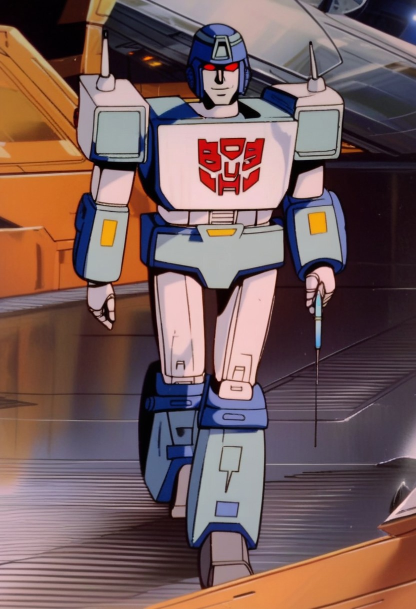 score_9, score_8_up, score_7_up, animation, transformers, 1boy, robot, decepticon, short, bulky, scientist, glowing eyes, red eyes, large eyes, circular eyes, white armor, solar panels, transforms into mars rover, full body, cowboy shot, smiling, holding syringe,
