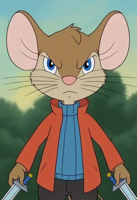 1boy, solo, eckhartmouse, semi-anthro, mouse, whiskers, red jacket, blue turtleneck sweater, black short pants, looking at viewer, serious, closed mouth, holding two swords, front view, cloudy, outdoors