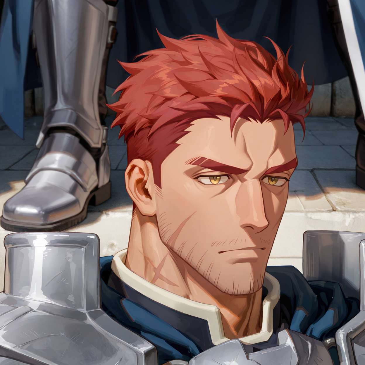 <lora:Oguto-The_Weakest_Tamer_Began_a_Journey_to_Pick_Up_Trash-V1-illustrious:.8> Oguto,pastel red hair,yellow eyes,thick eyebrows,scar on face and neck, armor,shoulder armor,cape,black gloves,sheathed,pauldron,boots
face focus, close-up, 
(very short hair, beard, bara, mature, facial hair, stubble, beard, full beard, sideburn, beard, a lot of beard, ), facial hair,male focus, muscular male, muscular male, bara, mature,  bara, mature, aixiwuganda_(20222192), very awa, masterpiece, best quality, absurdres, newest, perfect quality, detailed background, intricate details,
<lora:slider_Body Type_alpha1.0_rank4_noxattn_last:3><lora:style_Anime Summer Days 2 Style SDXL_LoRA_Pony Diffusion V6 XL:.6><lora:slider_cfg_scale_boost:.7><lora:Artist6p:.55>, Artist6p, Artist04p,<lora:slider_il_brightness_slider_d1:-1><lora:slider_il_contrast_slider_d1:-1><lora:slider_DarkSlider1.2_alpha1.0_rank16_full_300steps:-.6>
