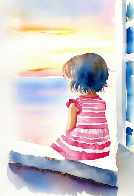Watercolor painting back side view of a little girl sitting on a open window,  looking sideway,  blue striped shirt,  pink skirt,  sunset,  blue sky