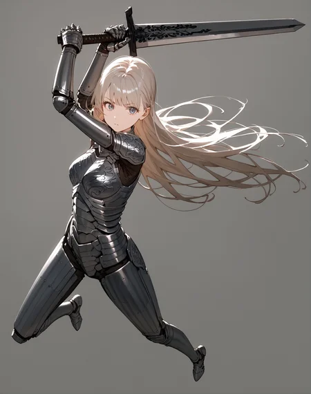 best quality, masterpiece, score_9, score_8_up, score_7_up, source_anime, rating_safe,
1boy, girl, solo, adult, long hair, hair bangs, bangs, long bangs, flowing hair, action pose, wielding, greatsword, metal greatsword, simple greatsword, grabbing sword, knight armor, body armor, gauntlets,
no background, white background, photoshoot,