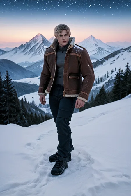 score_9, score_8_up, score_7_up, score_6_up
<lora:RE4Leon:1.0>
RE4Leon, 1boy, blonde hair, looking at viewer, Snow-covered mountain range under a starry sky, majestic and serene, full body