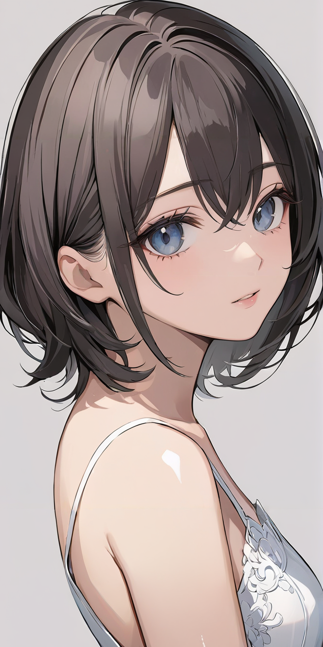 masterpiece,ultra-detailed,best quality,8K,illustration,cute face,clean skin ,shiny hair,girl,ultra-detailed-eyes,simple background, <lora:add-detail-xl:1> <lora:wolf cut hair_XL_V1.0:1> wolf cut hair,short hair