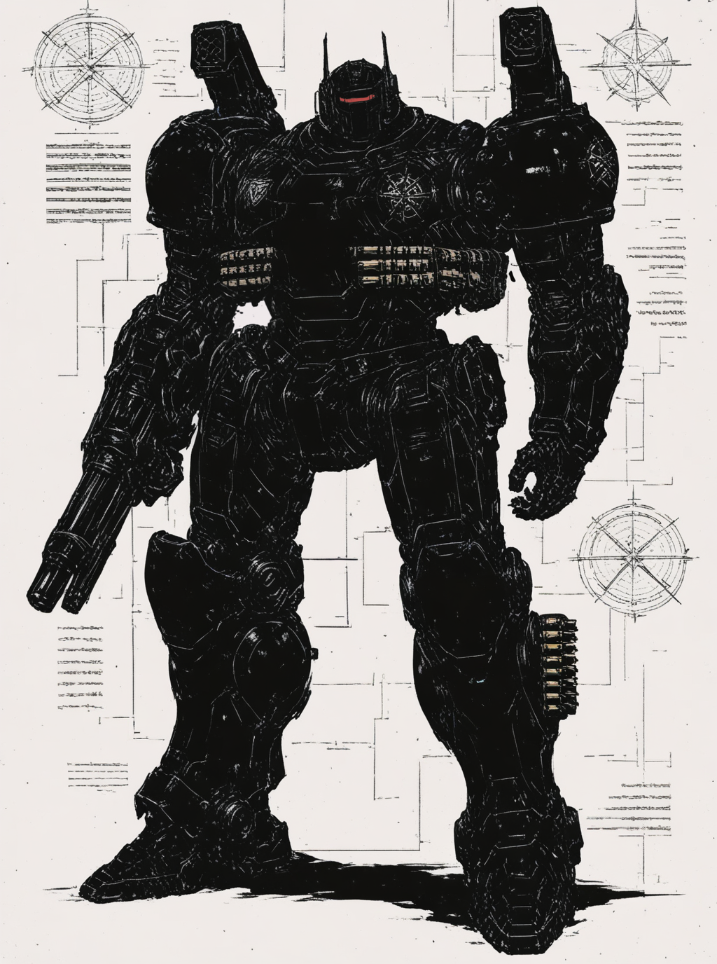 sref2085577252, blueprint \(medium\), overdesigned heavy armored mecha, big shoulders, arm cannon, energy gun, cartridge belt, visor <lora:sxz-sref2085577252:1>