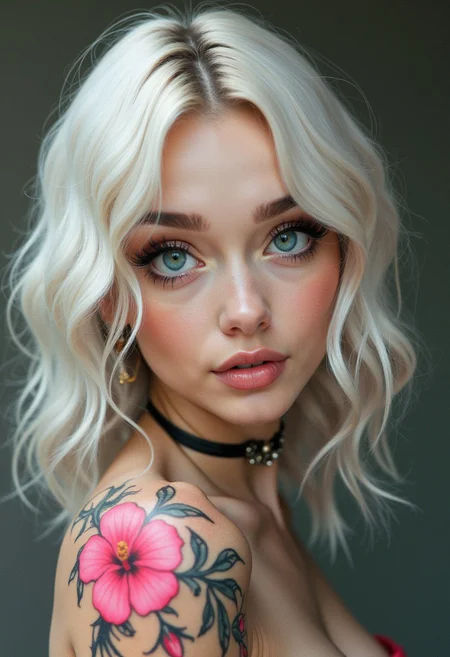 Hyperrealism, full body Portrait of a unique female character. Long-shot. She has large turquoise eyes filled with joy and excitement, extravagant eyelashes, masterpiece of photography and digital art. Style: realistic hyper-detailed rendering, 32k UHD, expressive eyes, Platinum hair, graphic design, pink hibiscus tattoo, pretty and cute, lips, white skin. Exuding confidence and serenity. Vibrant colored tattoos