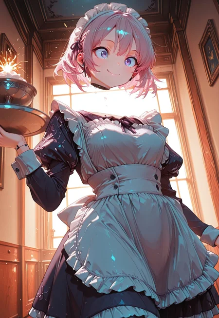 (masterpiece), best quality, amazing quality, very aesthetic, absurdres, newest, cowboy shot, extreme dutch angle, low angle, solo, woman, CivChan, purple eyes, pink hair, maid outfit, headless, puffy sleeves, apron, holds a tray with both hands, disembodied head on tray, sparks, disembodied head, warm smile, interior, cozy living room, volumetric lighting, cinematic lighting. <lora:CivChan:1> <lora:lightingSlider:0> dark, late night, blue hour <lora:add-detail-xl:1> <lora:disembodied_head_smooth_shoulder_V2illust:.8> disembodied_head_smooth_shoulder, Smooth Quality <lora:cyb3r:.8> cyb3r, cybernetic, android
