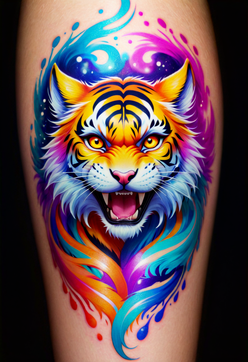 An anime-inspired visual style with colorful characters, expressive features, and vibrant backgrounds, MHXL tattoo line art of a spectral tiger, light lines, anime, Japanese animation, colorful characters, expressive features, vibrant backgrounds, stylized, charming,MHXL tattoo line art of a spectral tiger, light lines