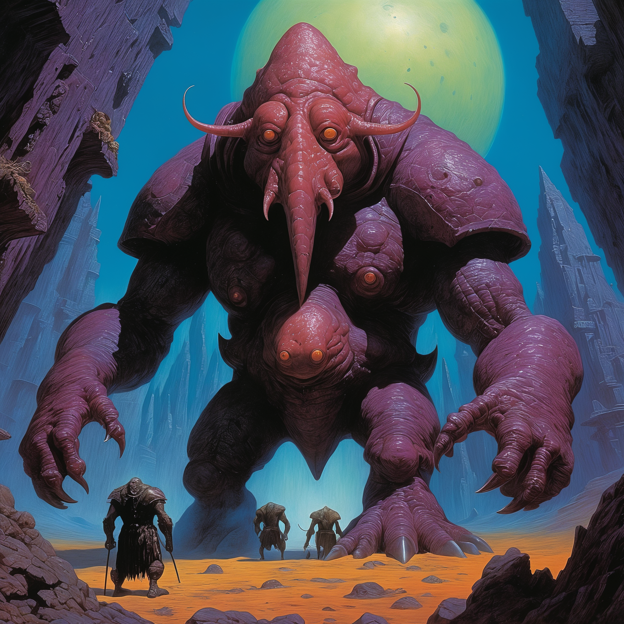<lora:add-detail-xl:2.0>, wayne barlowe, detailed expressive eyes, fantasy style, depicted is the big-nosed twinkgolem, in the lush lampremblative lands of the accursed planet dorfshnupf zeta, this slow and bumbling creature is dribdoddeling a jetcurbled robgoffler and attempts to balance atop stacks of zorbgaffeling gonzer while surrounded by happily bouncing very serious wibblefleebs, dark fantasy, colorful, masterpiece, best quality, professional artwork