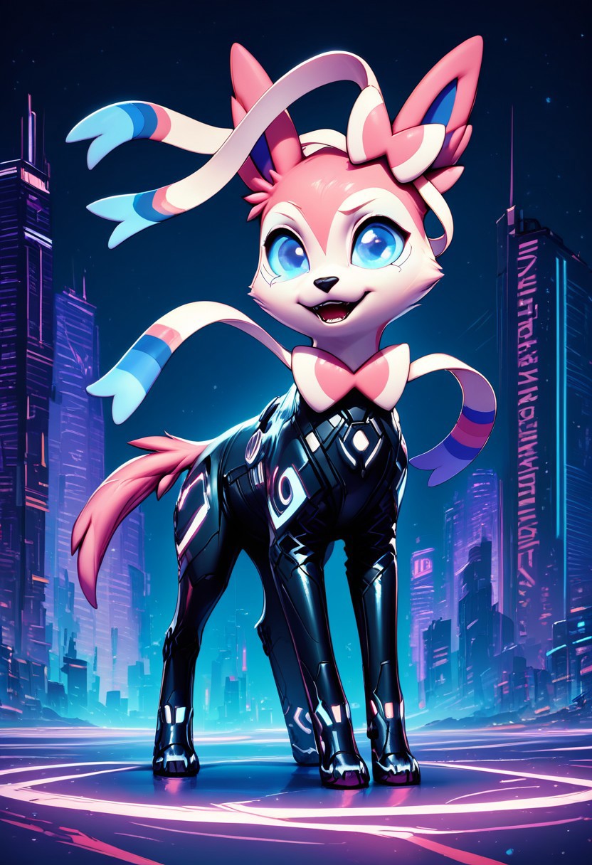 score_9, score_8_up, score_8, 
zzCitronLegacy, looking at viewer,  bodysuit, neon glow, 
(city, night, cyberpunk), 
Sylveon, solo, looking at viewer, open mouth, blue eyes, s standing, tail, full body,  no humans, animal, blue background, animal focus,
looking at viewer,