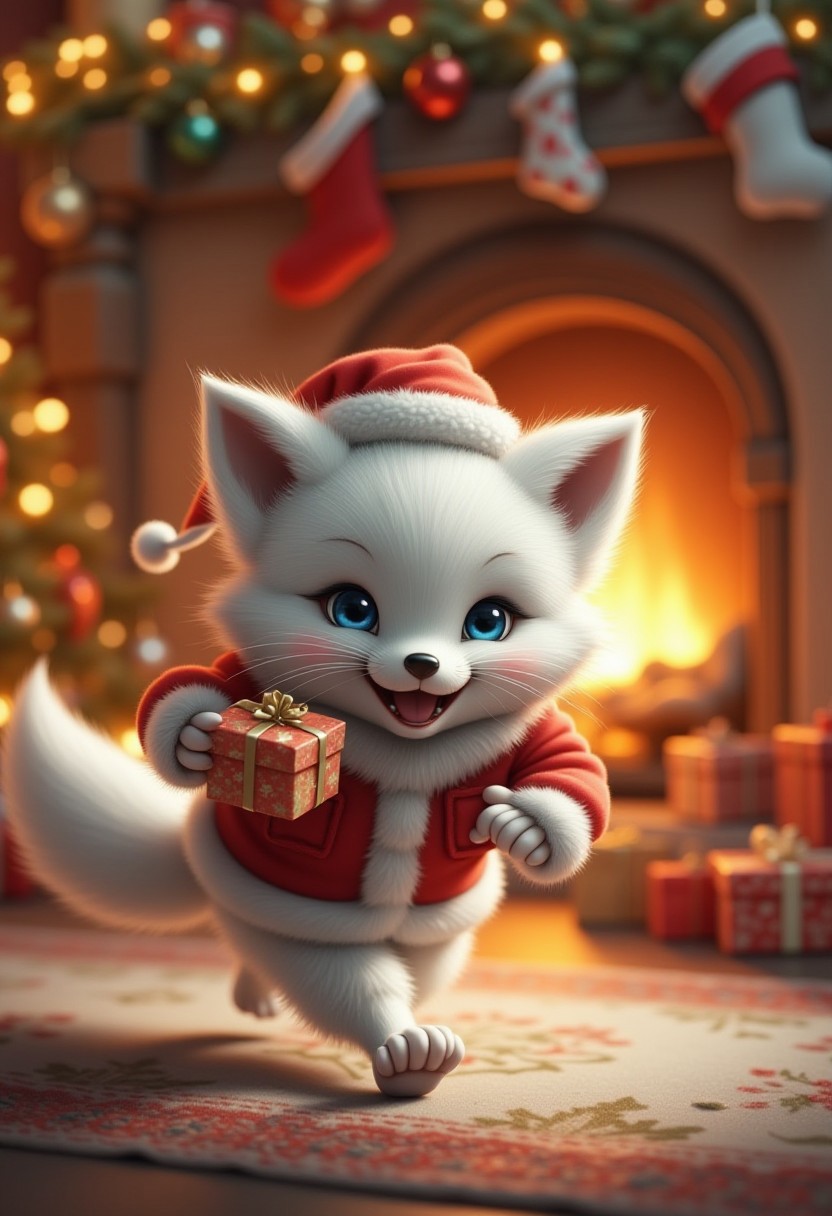 bo-christmas , a realistic and whimsical scene featuring an adorable, mischievous white fluffy fox, dressed in a festive Santa outfit complete with a red coat, a fluffy white trim, and a tiny Santa hat tilted to one side. The fox is caught mid-action, sneaking through a cozy, beautifully decorated living room, its sparkling blue eyes full of playful intent.
It clutches a small, brightly wrapped Christmas gift in its mouth, its tail wagging as it makes its sly getaway. The background is filled with warm holiday details—a glowing Christmas tree adorned with twinkling lights, colorful ornaments, and a pile of presents beneath it. Stockings hang from a fireplace that casts a soft, golden glow across the room.
The lighting highlights the fox's soft, fluffy fur and the vibrant colors of its festive outfit. The scene is dynamic and endearing, perfectly capturing the fox’s naughty yet irresistible charm in a cozy Christmas atmosphere.