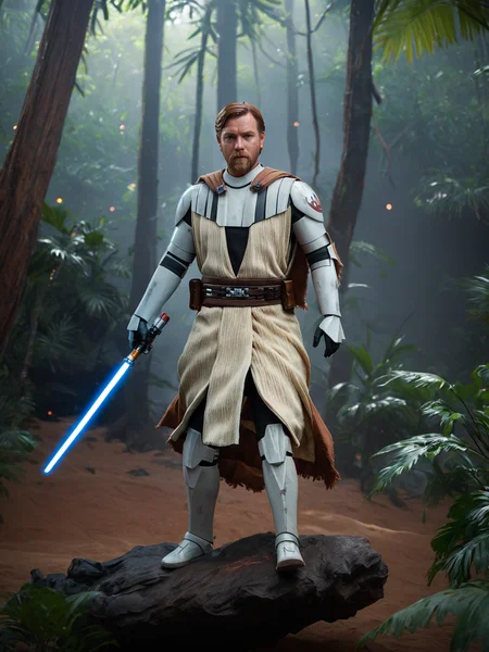 (upper body1.5) shot of General Obi-Wan Kenobi <lora:General_Obi-Wan_Kenobi:0.8> in a jungle, dynamic action pose, holding lightsaber, beard, facial hair, realistic, cloak, armor, smoke and fire, insanely detailed, lifelike, looking at camera, atmospheric, intricate, character photography, 8k, sharp focus, unreal engine 5, volumetric lighting, octane render, vray, character photography, Fujifilm XT3, DSLR, 50mm, ultra-realistic, hyperrealism, authentic star wars atmosphere, masterpiece, trending on artstation