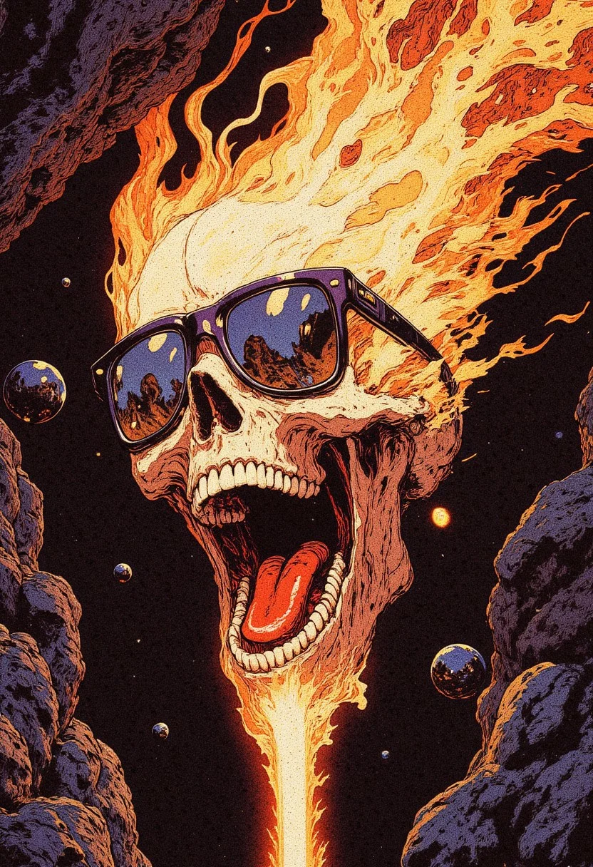 Illustration in the style of cksc of a skull on fire wearing sunglasses, screaming while suspended in a void.