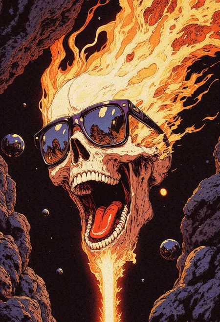 Illustration in the style of cksc of a skull on fire wearing sunglasses, screaming while suspended in a void.