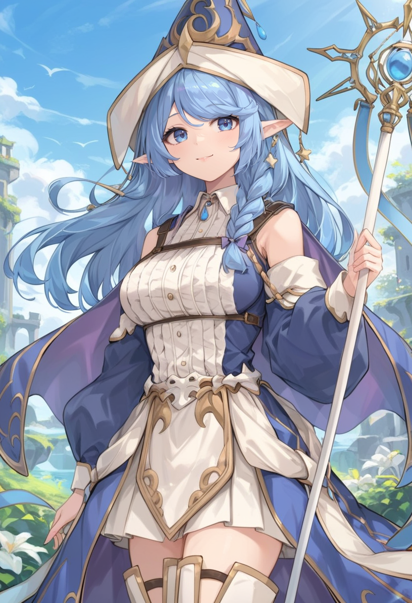 (score_9:0.9),score_8_up,score_7_up,anime style,rating_safe,(zPDXL),<lora:Water Enchantress of the temple ponyXL v1:0.76>,Water Enchantress of the temple,blue witch hat,witch dress,blue detached sleeves,white thigh boots,1girl,staff,holding staff,holding,smile,outdoors,solo,looking at viewer,large breasts,