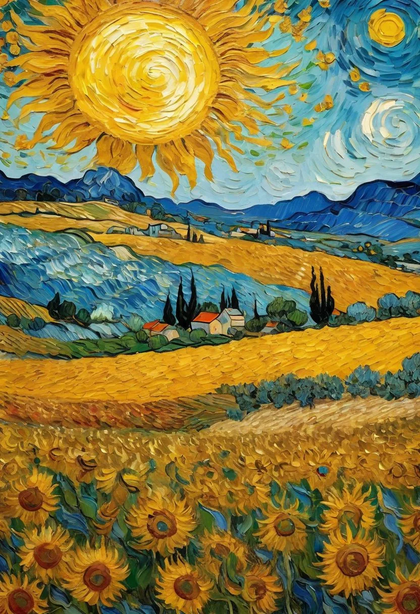 impressionist painting by Van Gogh, very rough painting with visible paint strokes, (dynamic_angle), view from below, epic composition, golden composition, crescent moon, sunflower field