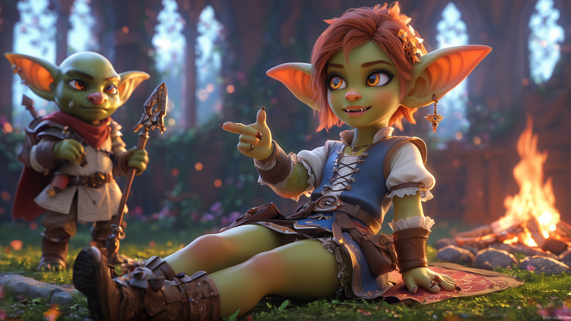 score_9, score_8_up, score_7_up, BREAK, medieval fantasy, goblin, campfire, relaxing, rim lighting, depth of field, high quality, bokeh
