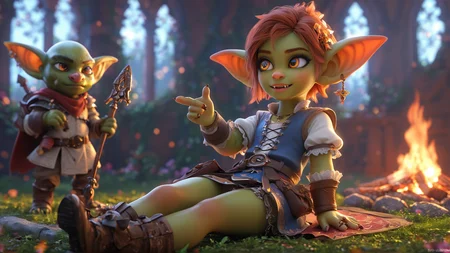score_9, score_8_up, score_7_up, BREAK, medieval fantasy, goblin, campfire, relaxing, rim lighting, depth of field, high quality, bokeh